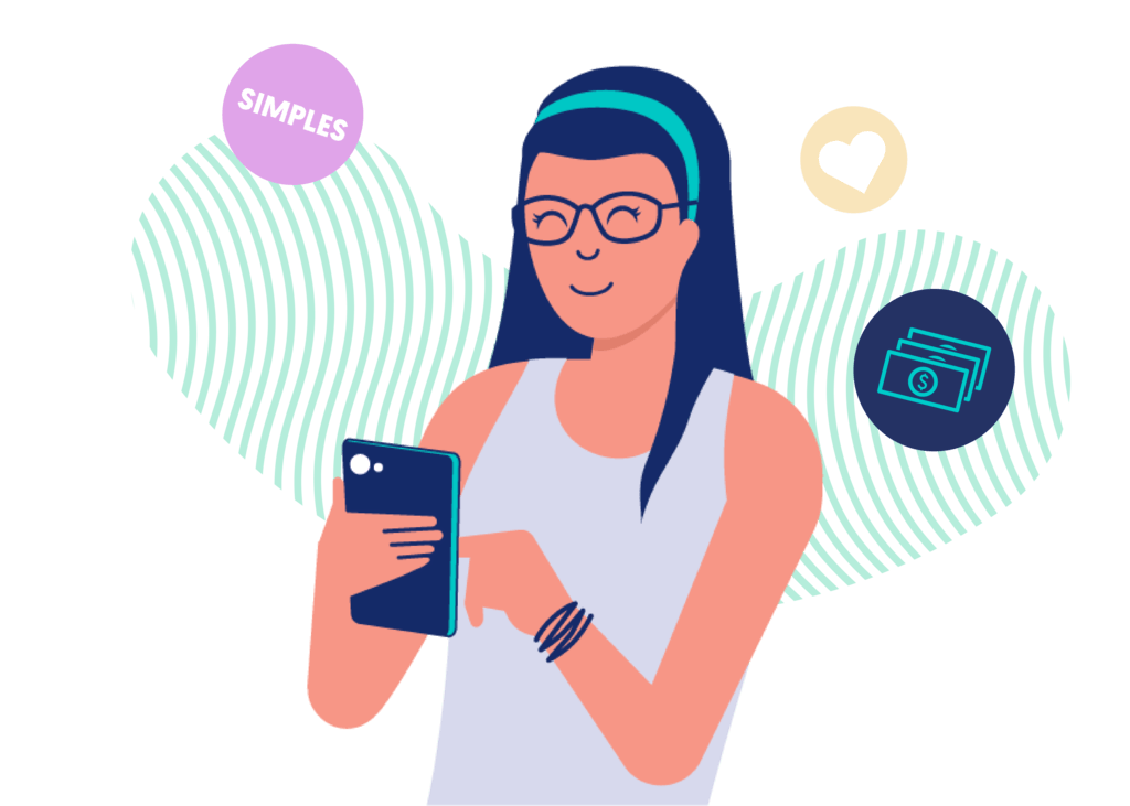 Imagen animada de mujer sonriendo con ojos cerrados mirando el movil