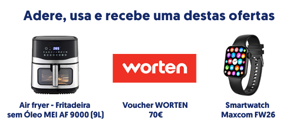 Adere, usa e recebe uma destas ofertas. Air fryer - Fritadeira sem óleo MEI AF 9000 (9L). voucher WORTEN.Smartwatch Maxcom FW26