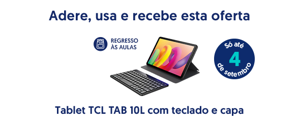 Adere, usa e recebe esta oferta.Tablet TCL TAB IOL com teclado e capa.So até 4 de setembro