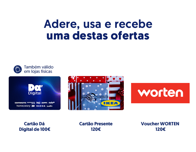 Cartão Dá Digital de 100€ (também válido em lojas físicas), Cartão Presente IKEA de 120€, Voucher WORTEN de 120€