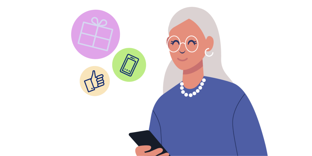 Abuela animada sonriendo con ojos cerrados